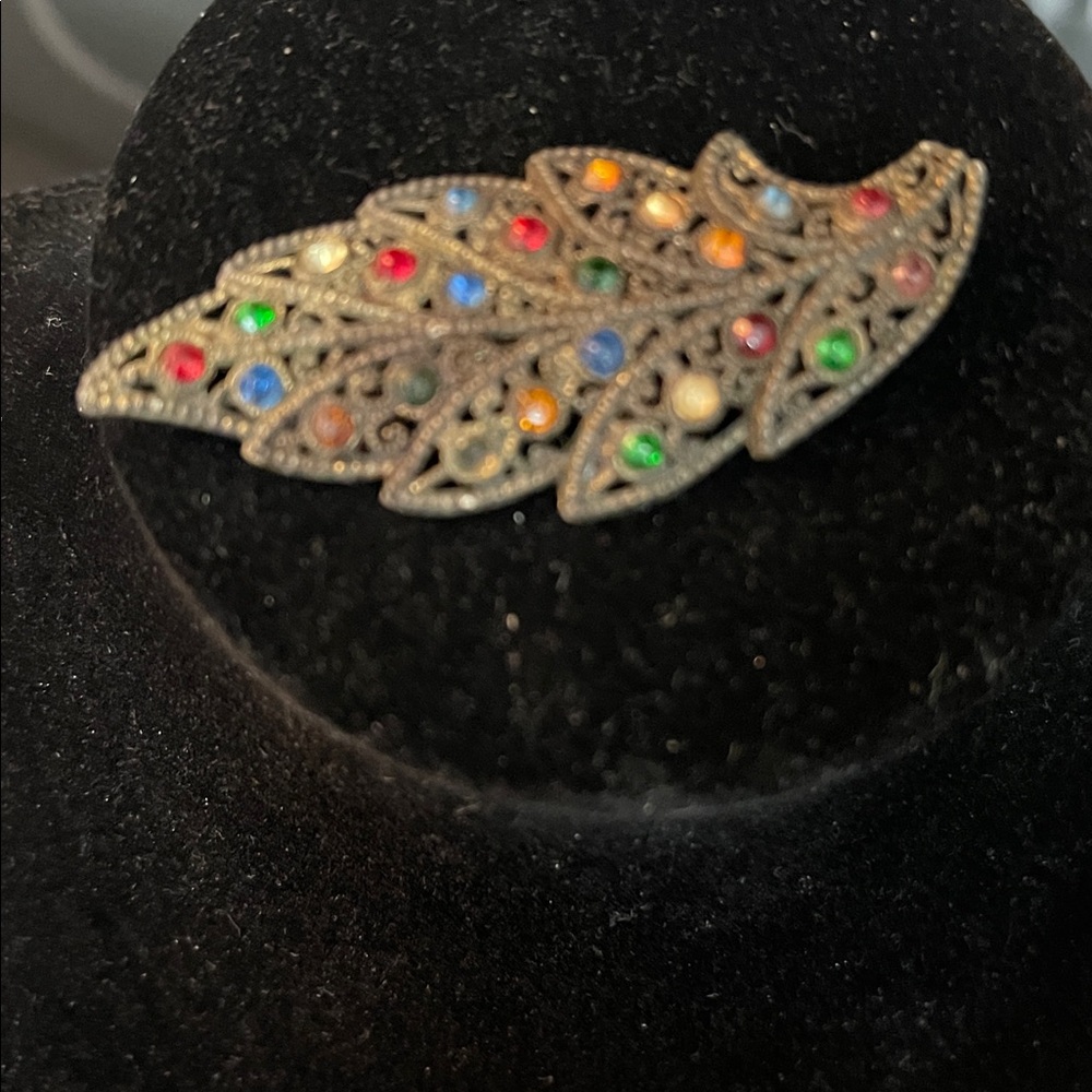 Colorful Leaf Brooch with Gem Accents vintage marcasite